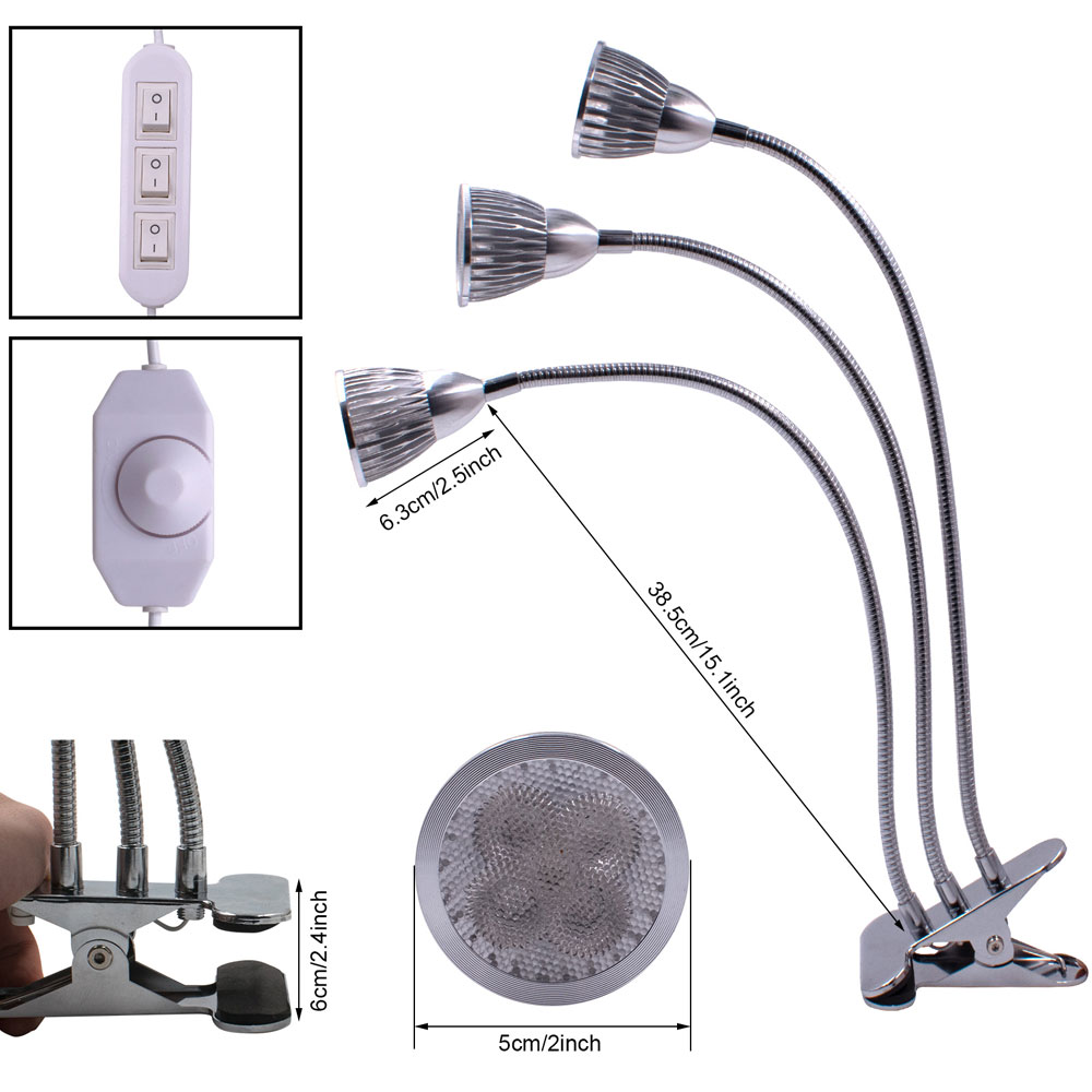 

45w three-head grow light dimmable red blue clip light 60 led silver (actual power 18w) for plants