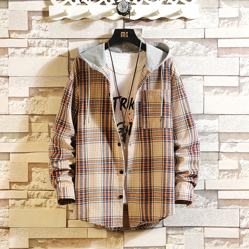 

2021 Casual Brand with Hooded Plaid Shirt Men Shirts Long Sleeves New Spring Autumn Plus Asian Size M-5xl Ww9v, Asian size c525