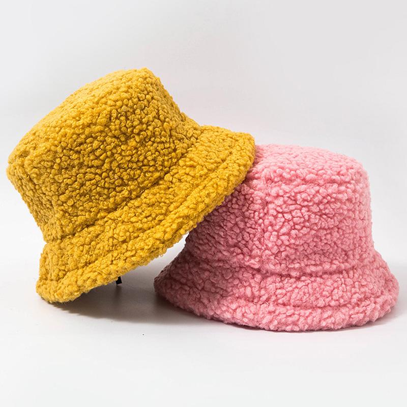 

Women Hat Winter Solid Artificial Fur Warm Female Cap Faux Fur Bucket Hat for Women Panama Lady Cap Outdoor Sunscreen Sun, White