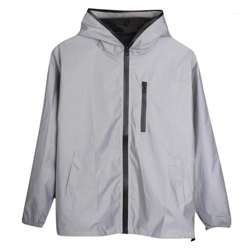 

Long Sleeved Reflective jacket men / women harajuku windbreaker jackets hooded hip-hop streetwear night shiny zipper coats#g31, Gray