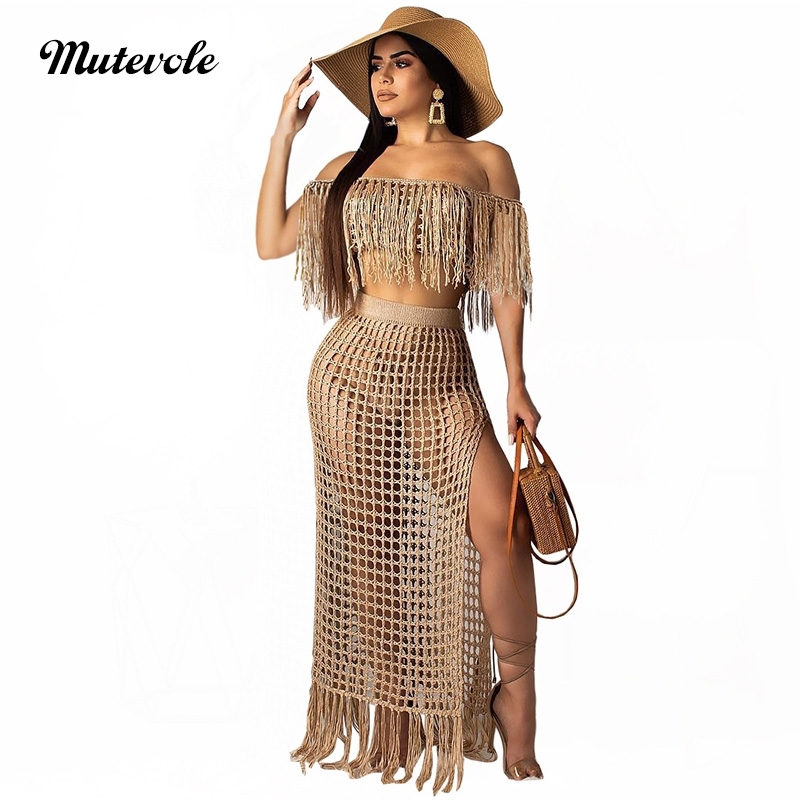 

Mutevole Summer Short Sleeve Two Piece Tassel Sets Women Sexy Hollow Out 2 Piece Knit Set Crochet Crop Top and High Split Skirt, Black