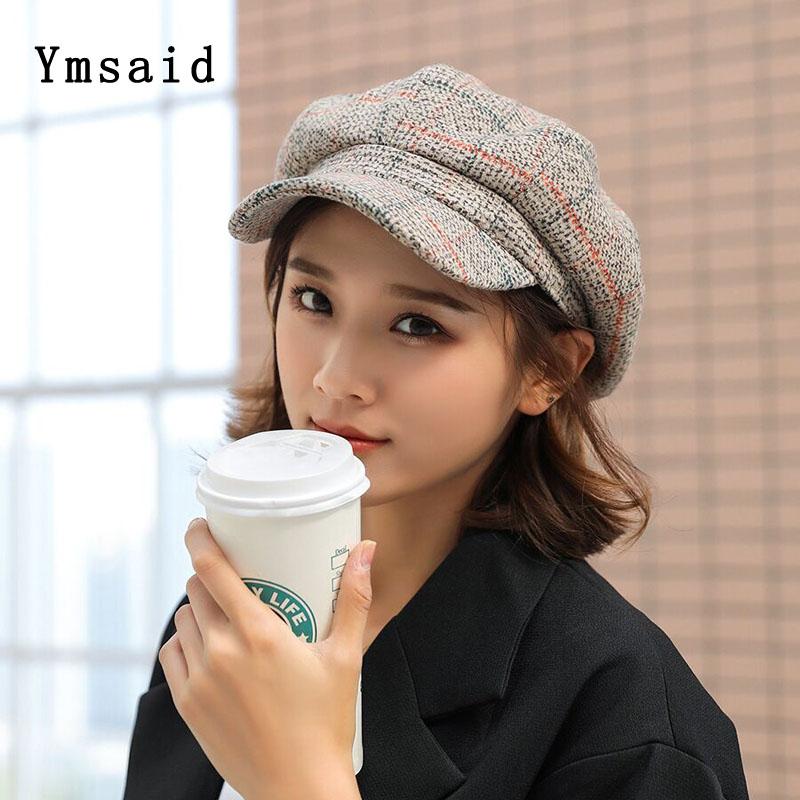 

2020 Autumn Winter New Retro Wool Blend Newsboy Cap High Quality Beret Retro Plaid Octagonal Hat For Leisure Women Cap, Black
