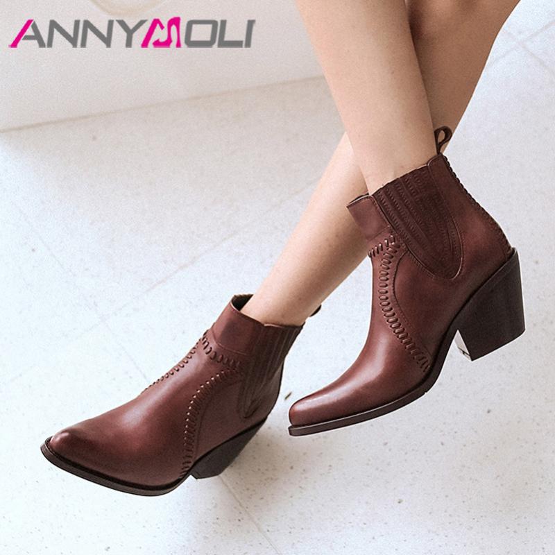 

ANNYMOLI Autumn Ankle Boots Women Natural Genuine Leather Strange Style High Heels Short Boots Pointed Toe Shoes Ladies Size 39, Black