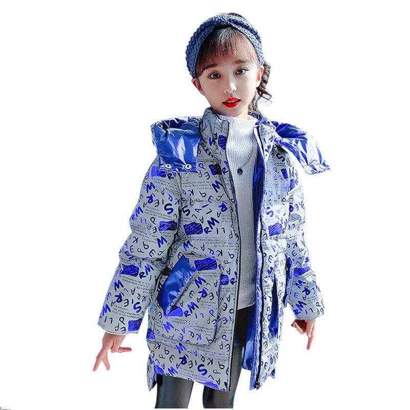 

Fashion Brand Shiny Girls Light-Reflecting Jacket Winter Hoodies Letter Print Children's Clothing High Quality Outerwear 4-14Yrs, Blue