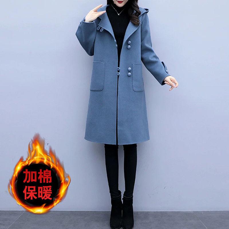 

New 2021 New Autumn Winter Women Wool Coat Fashion Female Hoodies Loose Wool Jacket Outerwear Vintage Pearl buttons Overcoat 393, Black