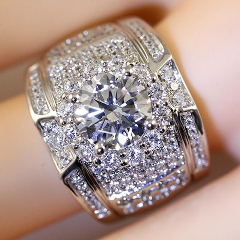 

White gold color Shiny Zircon Big Austrian crystal Wedding rings for women Hot sale men Jewelry ring size 6-13 wholesale