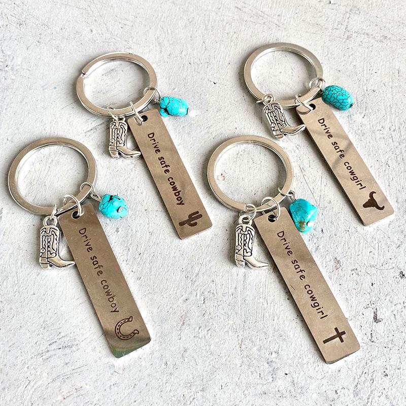 

Keychains Turquoise Western Boots Keychain For Men And Women Bull Head Sunflower Cactus Style Key Pendants Buckle Accessories