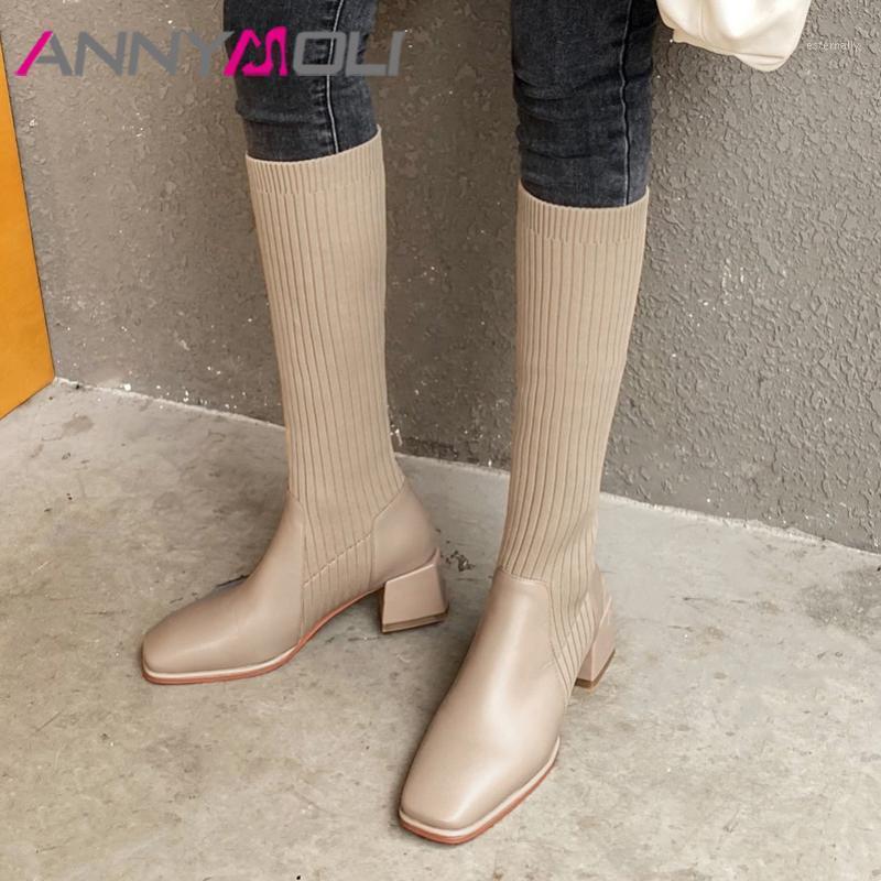 

ANNYMOLI Women Knee High Boots Shoes Real Leather High Heel Long Boots Square Toe Block Heels Slim Winter Apricot 33-401, Black