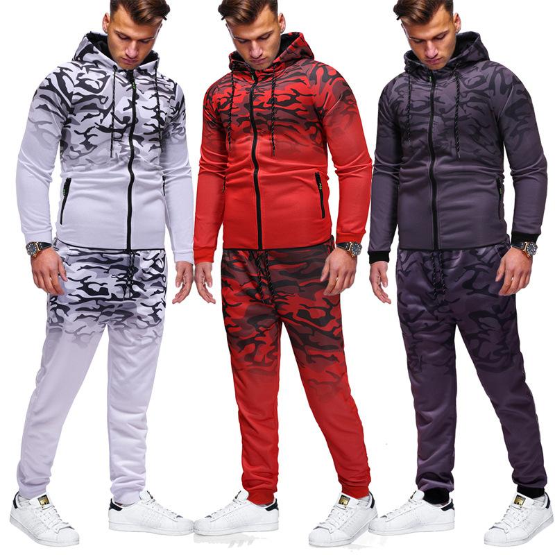 

Men's Casual Sports Sweater 3D Gradient Printing Long-sleeved Hooded Cardigan + Trousers 2-piece Fitness Running Sportswear Suit, Red