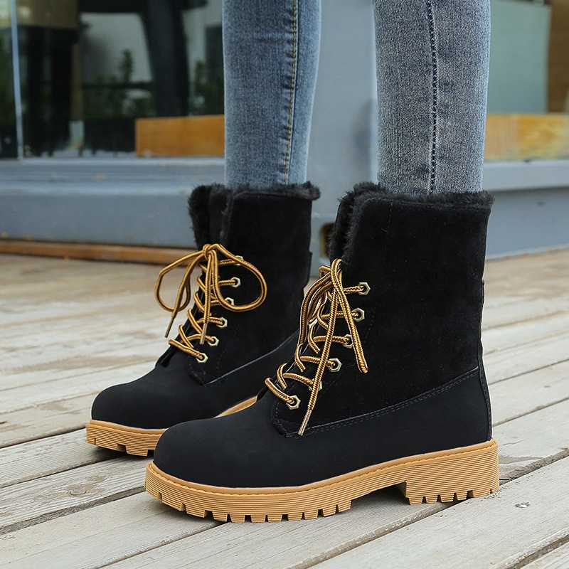 

Pink Suede Upper Soft Fur Platform Lace Up Women Ankle Boots Fashion Ladies Outside Flat Heel Booties Customized Big Size 43, Black