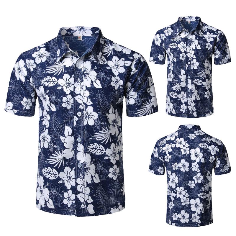 

2021 Summer Hawaiian Shirt Fashion Mens Casual Button Hawaii Floral Print Beach Short Sleeve Quick Dry Top Blouse Camisas Hombre, Blue