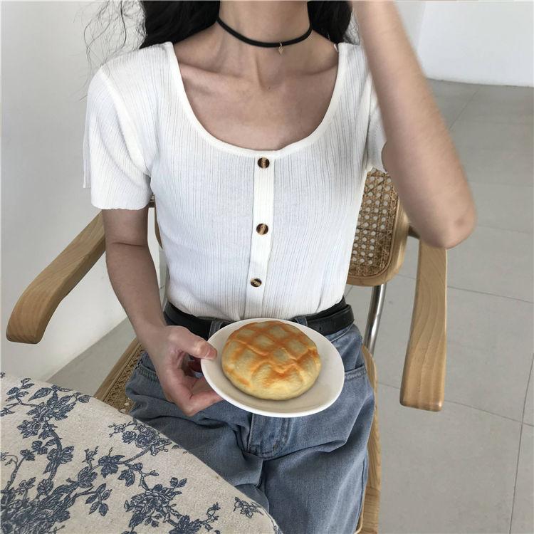 

Women Knit T-shirt Summer Tops Short Sleeve Solid Woman Clothes, White