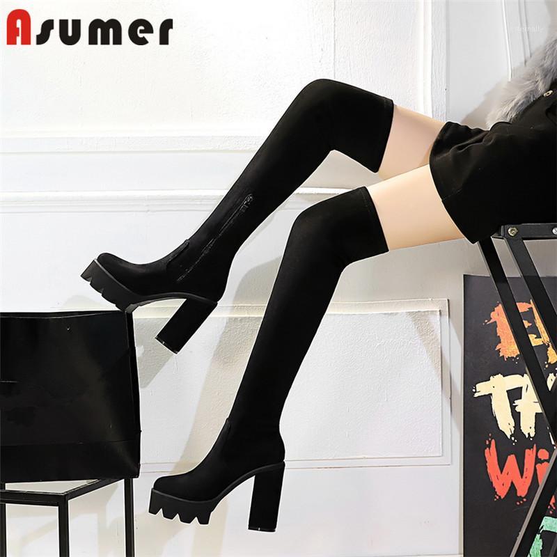 

ASUMER 2020 Newest high heels platform boots female slim party prom shoes autumn winter stretch boots women thigh high1, Black with fur