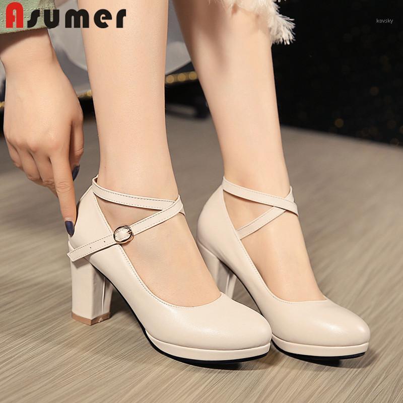 

ASUMER big size 34-43 fashion pumps shoes women round toe buckle ladies prom wedding shoes thick high heels women 20211, Beige