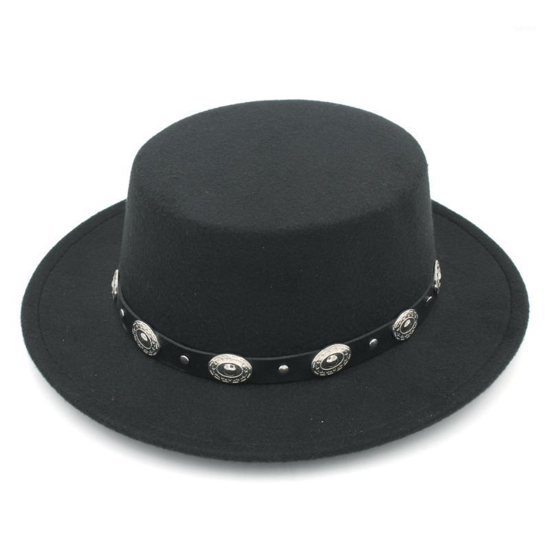 

Mistdawn Fashion Women Men Wool Blend Boater Hat Wide Brim Pork Pie Cap Flat Top Hat Leather Band Size 56-58cm1, Black