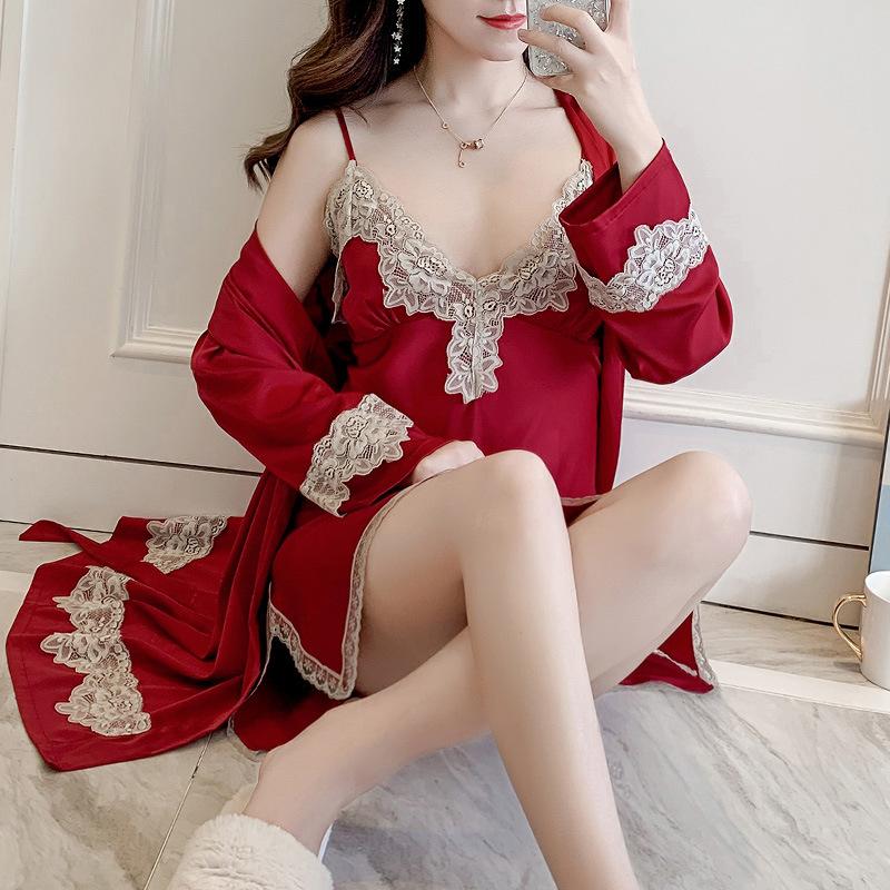 

Sexy Lace Sleepwear Sets Womens Negligee Nightgown Satin Lingerie Dress Femme Bathrobe Night Dress Robe Set Nighties Nightwear, Black