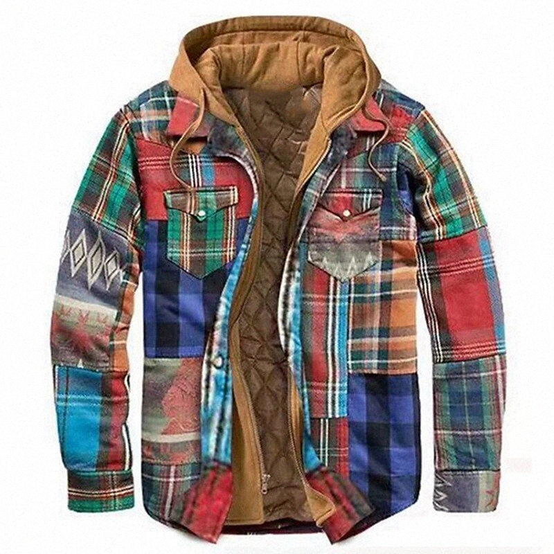 Men's Shirt Tartan Hooded Street Casual Zipper Long Sleeve Tops Casual Fashion Classic Red / White Blue Royal Blue V14a#