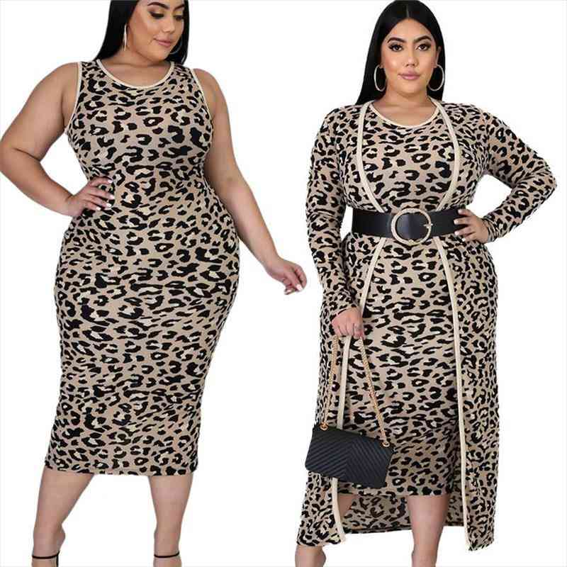 

Plus Size Women 2 Piece Set Leopard Print Long Sleeve Bodycon Vest Dress Stretch Matching Set Ladies Wholesale Dropshpping, Khaki