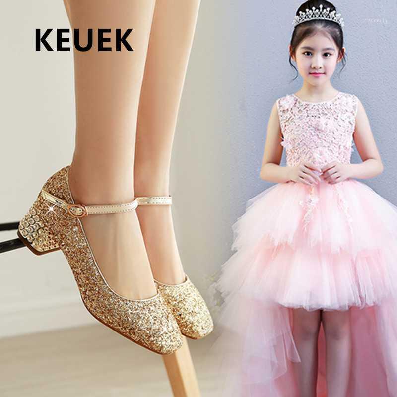 

New Girls Dress Performance High Heels Children Leather Shoes Princess Pary Crtystal Dance Moccasins Baby Kids Student 031, Black