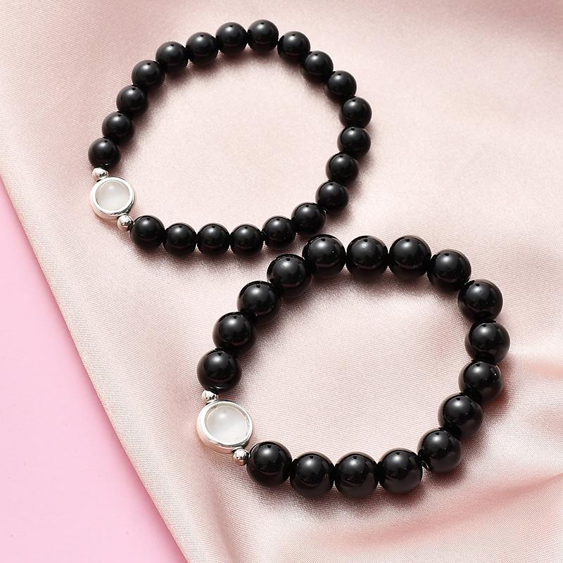 

Natural Stone Beads Black Agat Bracelet Onyx Stone Beads Charms Bracelets white Women Friend Gift 8mm 925 Silver Jewelry