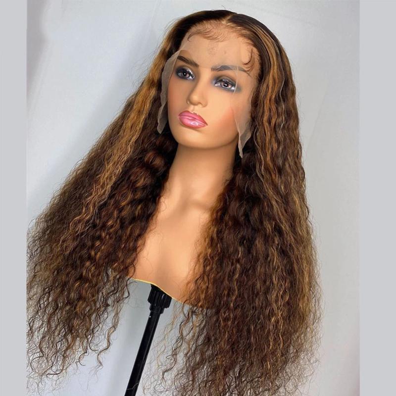 

Pre Plucked Human Hair Wig Highlight Colored Loose Deep Wave Bleach Knots Remy Natural Hairline HD Transparent Lace Part Wig 250, As pic