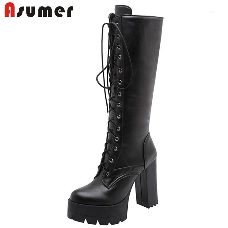 

ASUMER 2020 new fashion high heels platform boots round toe lace up autumn winter party prom shoes women knee high boots1, Black