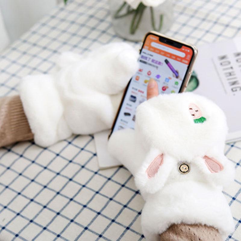 

Women Cute Cartoon Bear Panda Half Finger Flap Wool Knit Mitten Winter Female Thicken Plush Cashmere Warm Touch Screen Glove E24