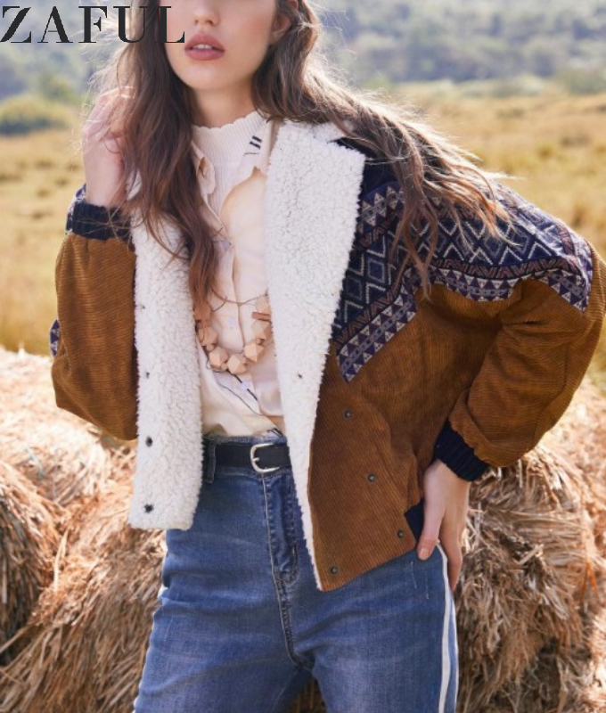 

ZAFUL Jacket Tribal Print Coats Women Autumn Spring Vintage Outwear Tunic Double Breasted Faux Fur Corduroy Jackets OvercoatX1016, Yellow