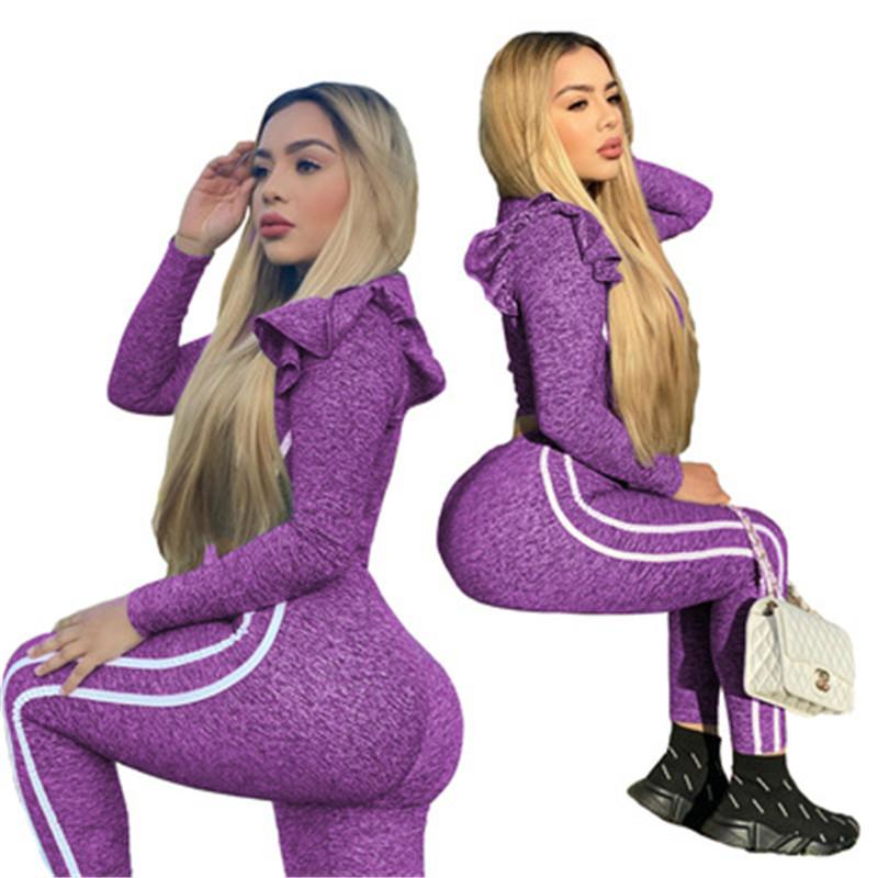 

Womens Ruffle Sets Fashion Trend Long Sleeve Round Neck Tops Long Pants Suits Designer Female Casual Slim Short Tops Pants Two Piece Sets, Purple
