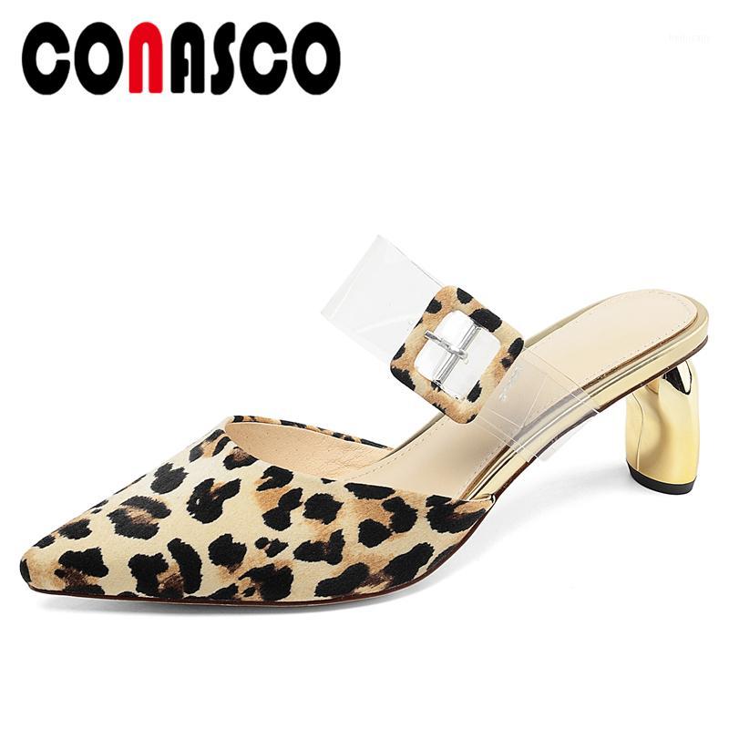 

CONASCO Concise Fashion Women Sandals Genuine Leather Pumps Buckles Slippers High Heels Shallow Shoes Woman New Casual Sandals1, Blue