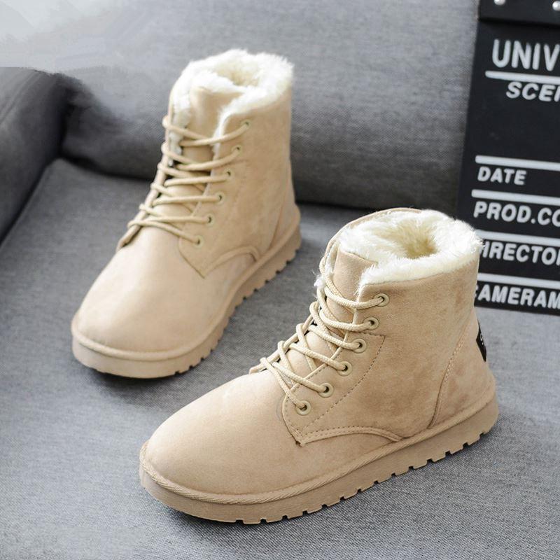 

Winter Women Snow Boots Warm Flat Plus Size Platform Lace Up Ladies Women's Shoes New Flock Fur Suede Ankle Boots Female, Beige