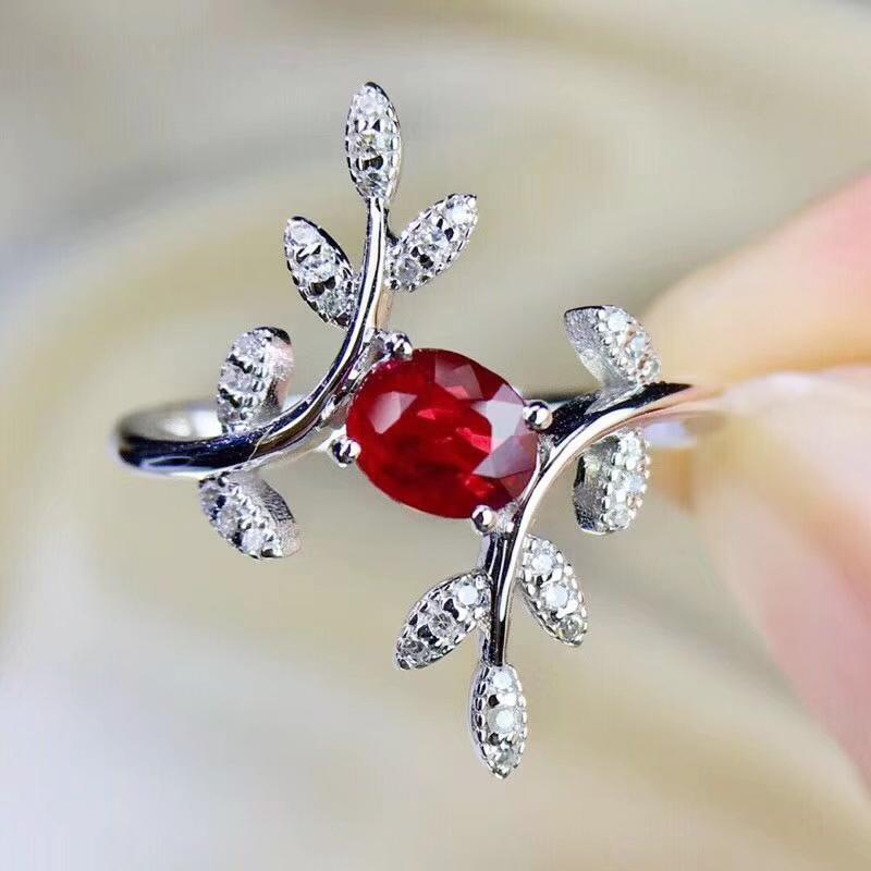 

Cluster Rings Natural Real Ruby Leaves Ring Per Jewelry 925 Sterling Silver 4*6mm 0.6ct Gemstone Fine For Women J2110911, Golden;silver
