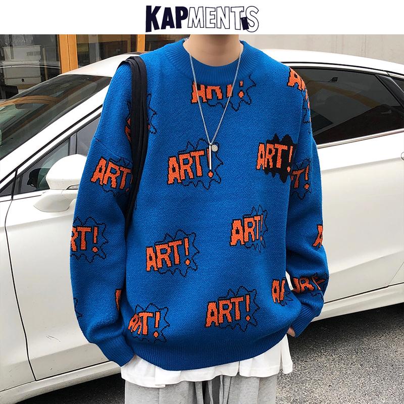 

KAPMENTS Men Streetwear Letter Winter Knitted Sweater 2020 Pullover Mens Japanese Hip Hop Wool Sweater Couple Harajuku Sweaters, Black