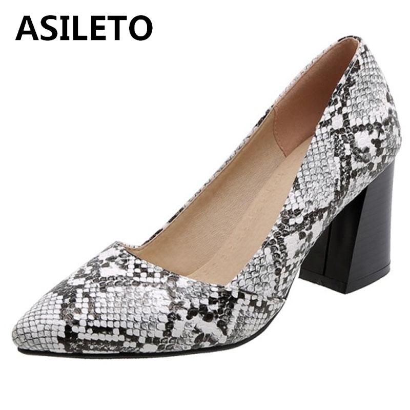 

ASILETO Spring Autumn Woman Pumps Pointed Toe 8cm Hoof Heels Genuine Leather Slip on Snake pattern Size 32-48 Leisure C1918, White