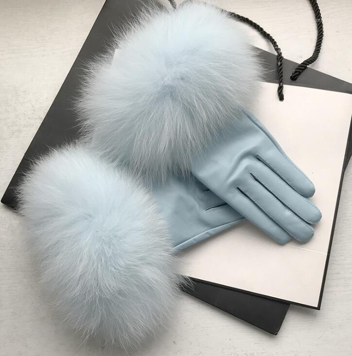 

Women's natural big fur genuine leather glove lady's warm natural sheepskin leather plus size light blue driving glove R24561