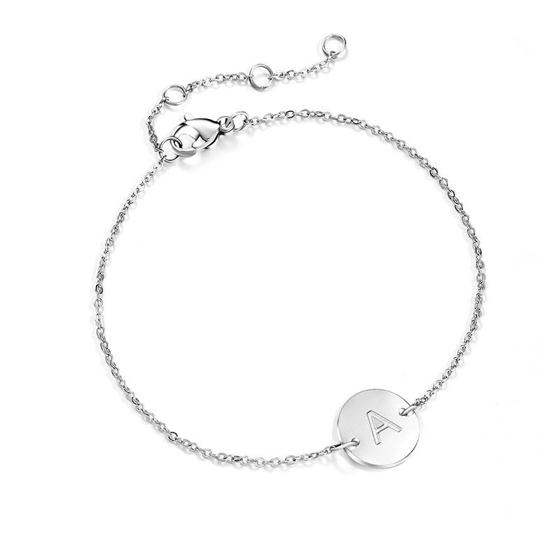 

AOLOSHOW Initial Letter Bracelet Charm Women Fashion Silver color Girl Stainless steel Chain Letter Disc Charm Anklets BR1443