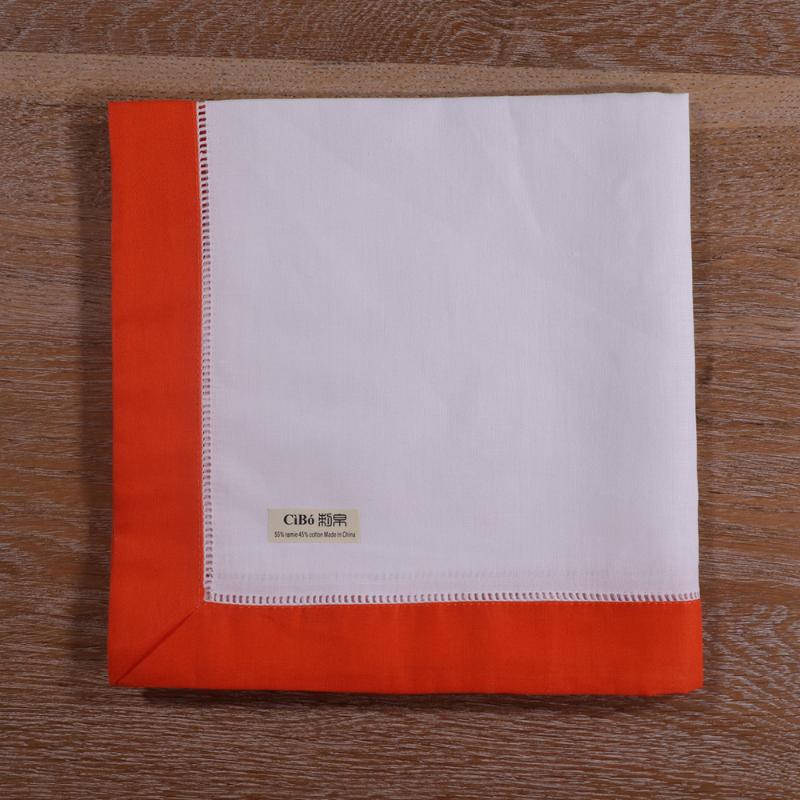 

N037-OR-20: 4pieces White Hemstitch Dinner Napkins OrangeRed hem Ramie Cotton Blend Ladder Hemstitch table linen
