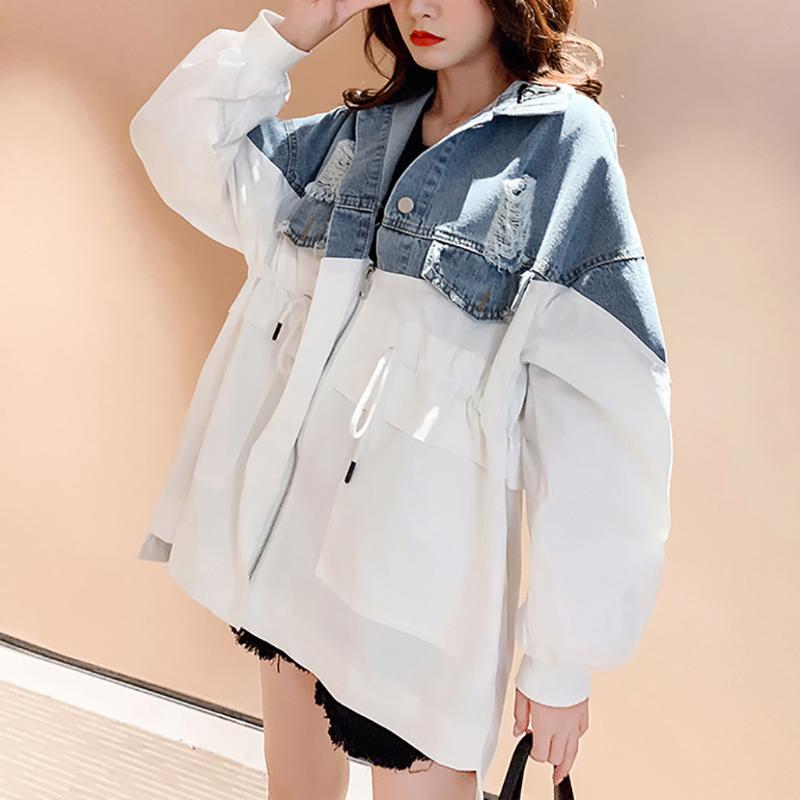 

Winter Women Patchwork Turn-down Collar Jean Jacket Loose Casual Fashionable Female Jacket Coats Female Outwear Denim Feminine, Bk