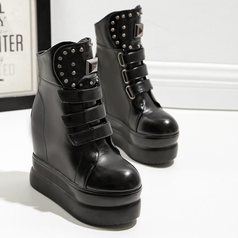 

2020 new autumn women boots fashion high inside women's boots thick-soled high platform shoes rivet magic stickers1, Black