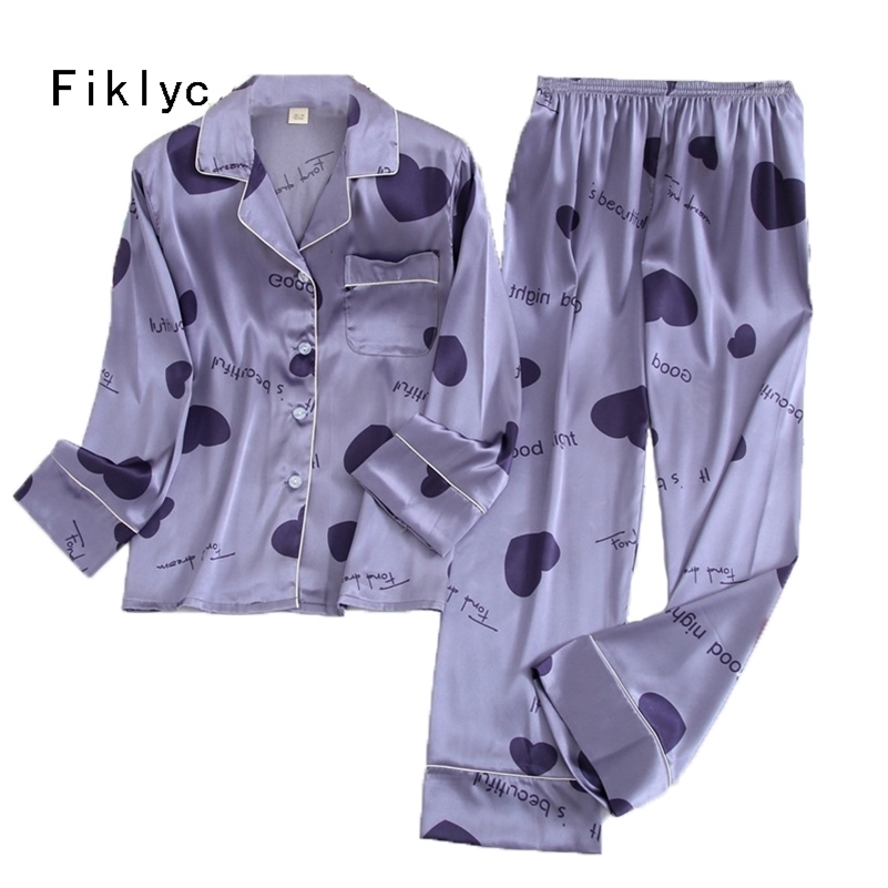 

Fiklyc underwear spring korean design women's long pants pajamas sets fashionable turn-down collar faux silk pijamas sets HOT 201113, Pink set
