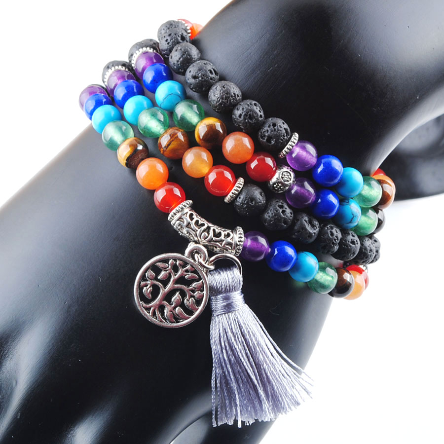 

WOJIAER 108 Meditation Multi-layer Long Strands Bracelets 7 Chakra Yoga Natural Round Black Volcano Mala Beads Life Tree Tassel Jewelry K3211