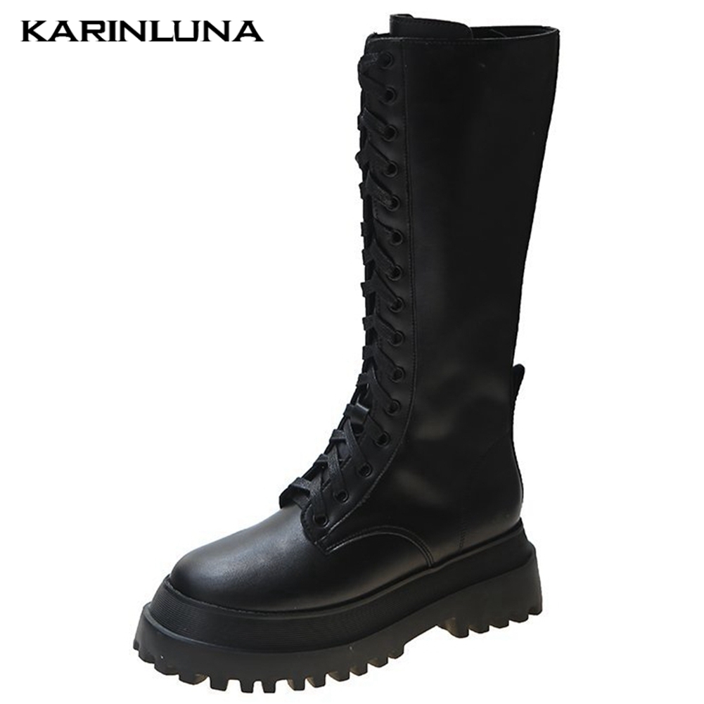 

karin High Platform 2020 Hot Sale High Fashion Square Thick Heels Women Boots Street Style Knee Lace-Up women shoes, Black