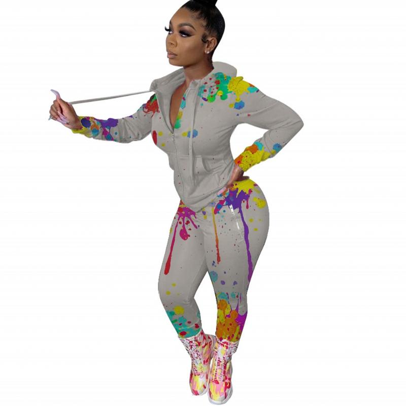 

Splash Ink Graffiti Print Fitness Tracksuit Women Hooded Long Sleeve Slim Tops And Bodycon Trousers Active Wear Two Piece Outfit, Blue