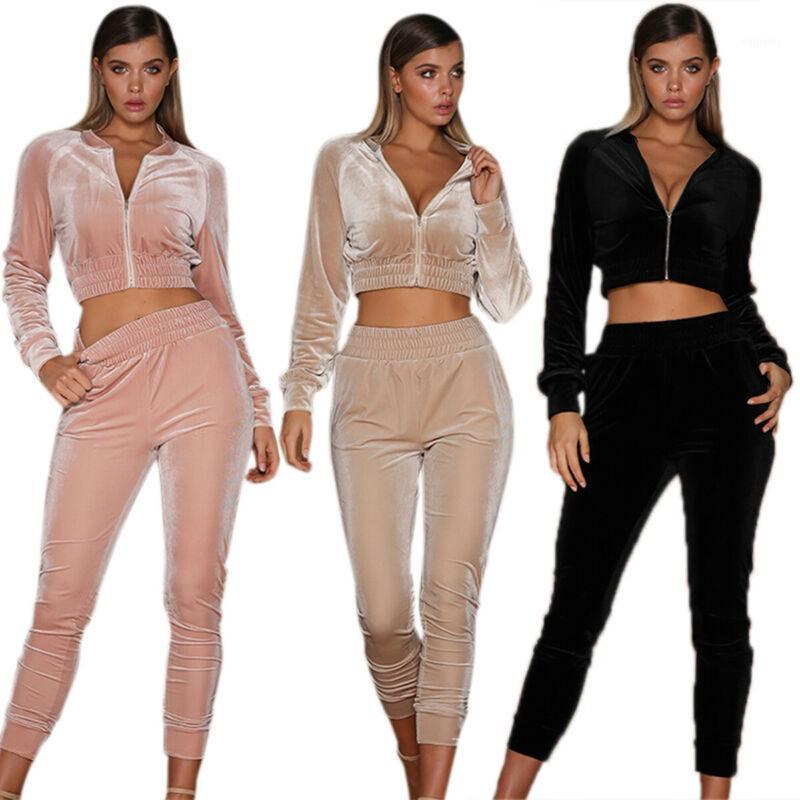 

Velvet Women Sport Set Pure Color Lapel Long Sleeve Crop Tops Zipper High Waist Trousers Jogging Sweatsuits 2Pcs/Set Loungewear1, Black