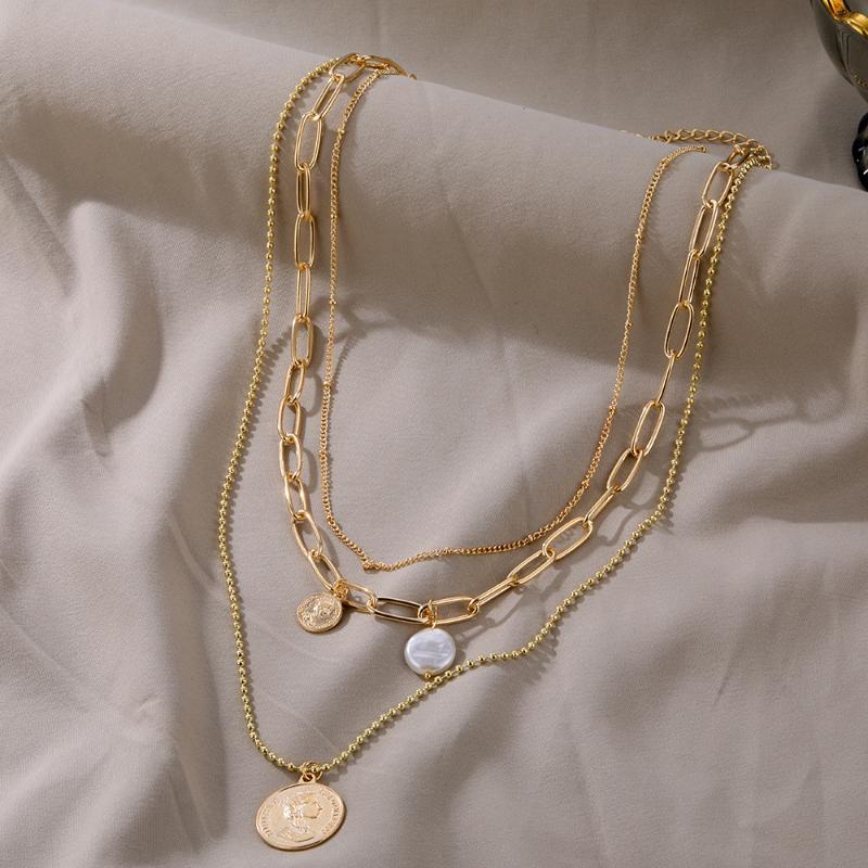 

DIEZI Multilayer Beads Chunky Chain Necklace Vintage Punk Fashion Human Head Pendant Imitation Pearl Necklaces Women Jewelry