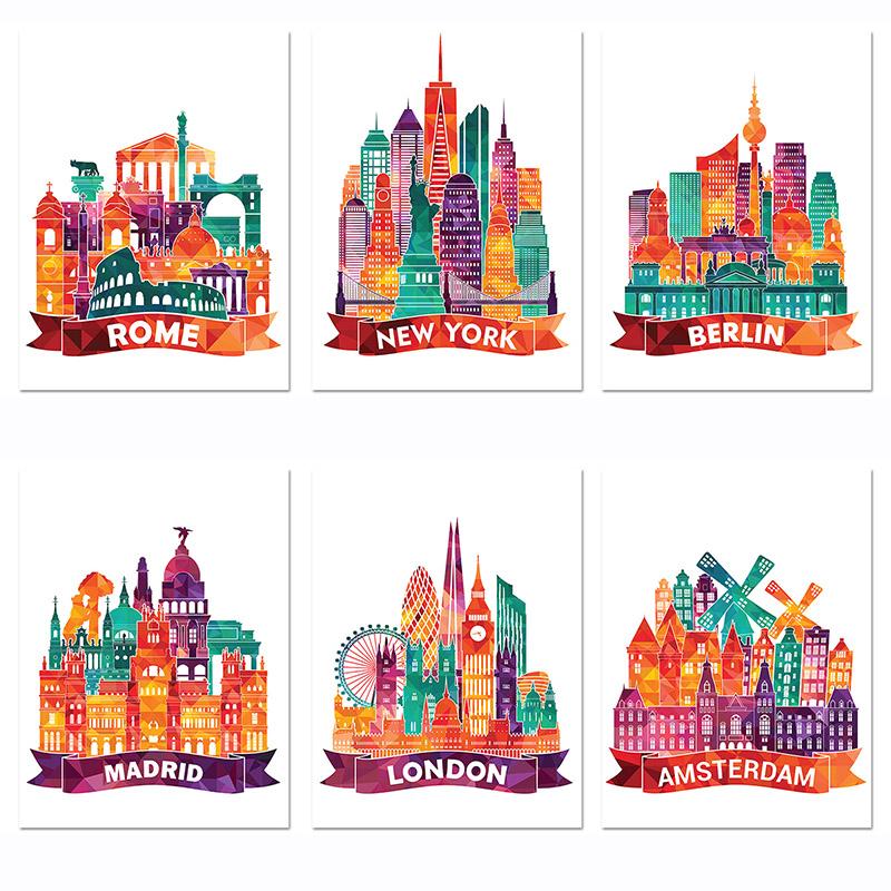 

Nordic Watercolor City Building Diamond Painting Art Colorful Amsterdam London New York Mosaic Diamond Embroidery Wall Decor