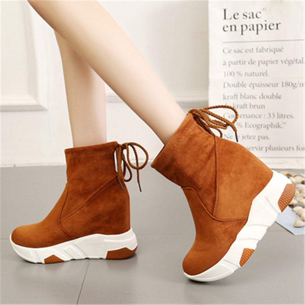 

2020 Autumn Winter Women Stretch Fabric Sock Boot High Platform Wedge Ankle Boots Woman 10CM Height Increasing Shoes Botas Mujer, Brown