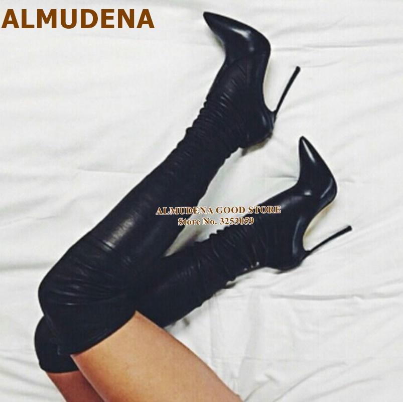 

ALMUDENA Top Brand Nude Black Metal Heel Over-the-knee Skinny Boots Gold Heels Pointed Toe Nightclub Dress Shoes Thigh High Boot, Customized color