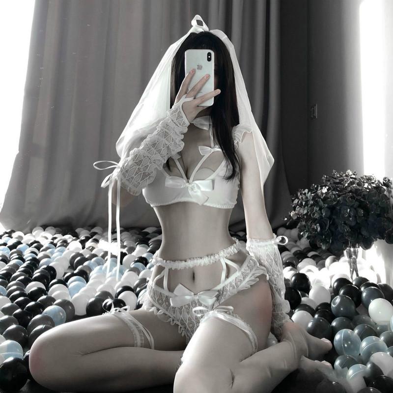 

Women Sexy Lace see through Bride Wedding Dress Erotic Lingerie Anime Cosplay White Black Hot Temptation Porno Roleplay Costumes