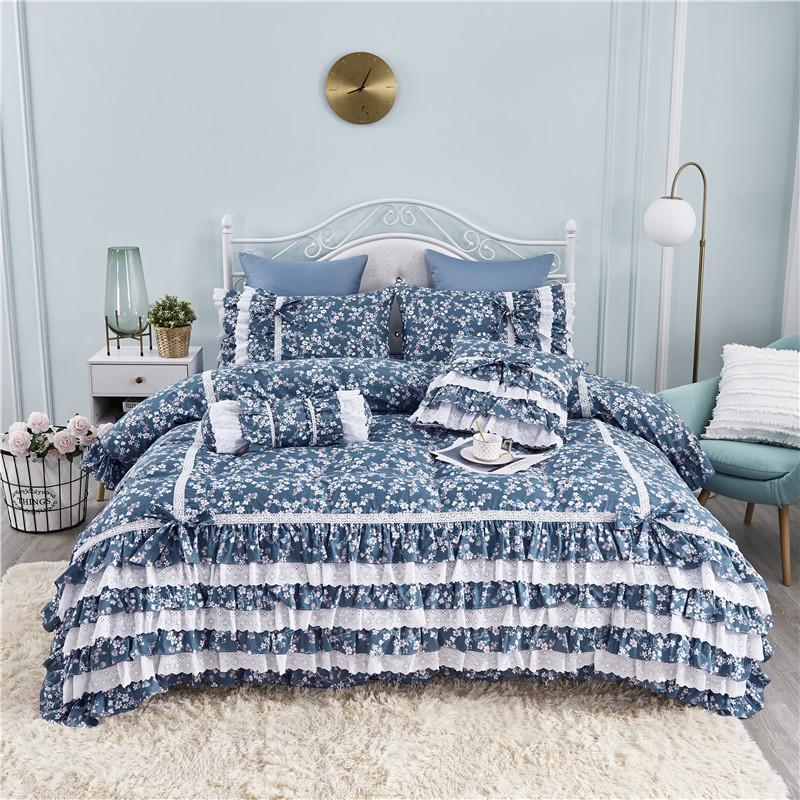 

Korean ruffles embroidery blue floral skirt-style cake layers bedding set princess lace pure cotton pillow sham duvet cover set, As pic